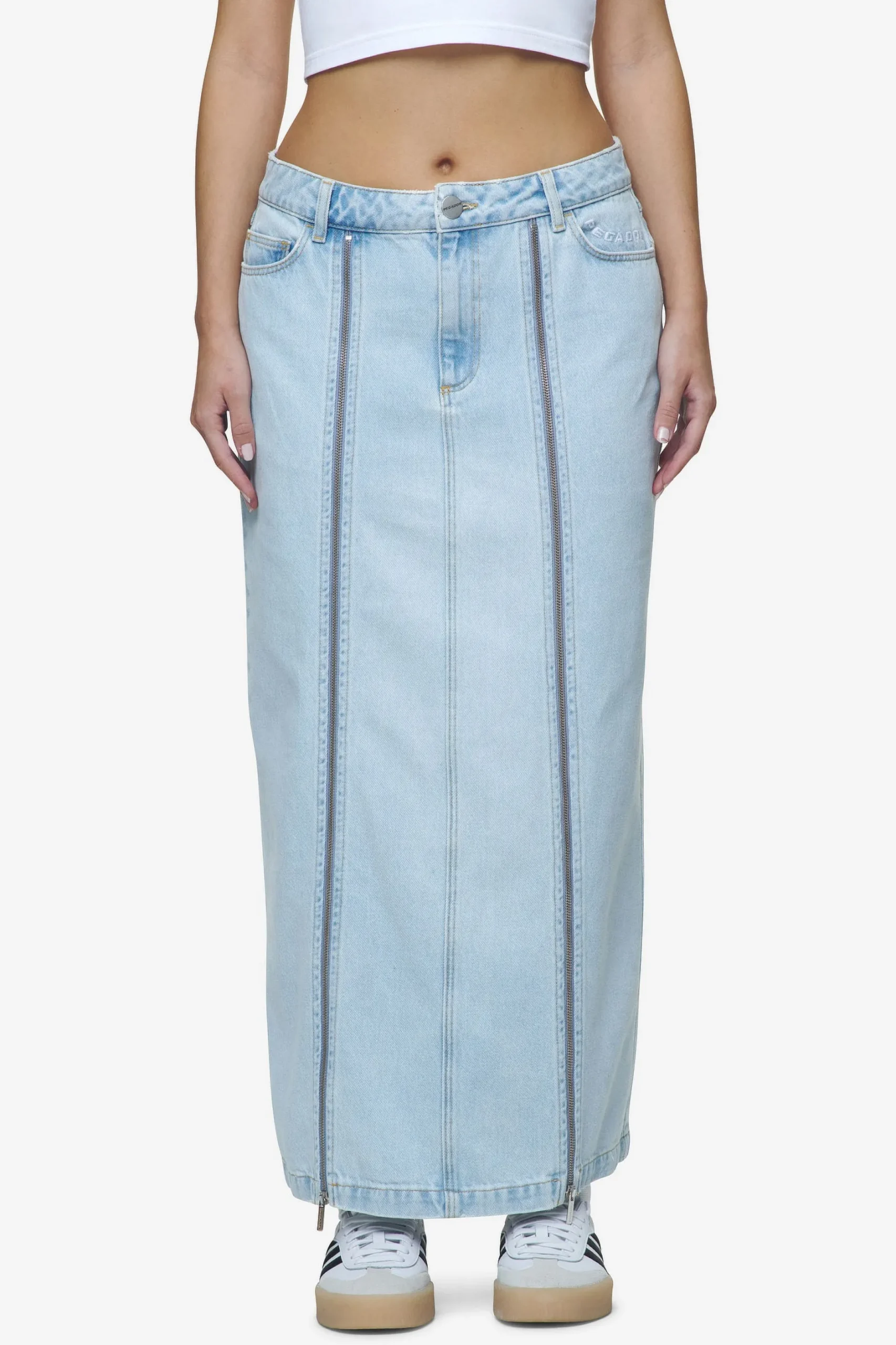Pegador Jeans|Aya Denim Midi Zip Skirt Washed Light Blue