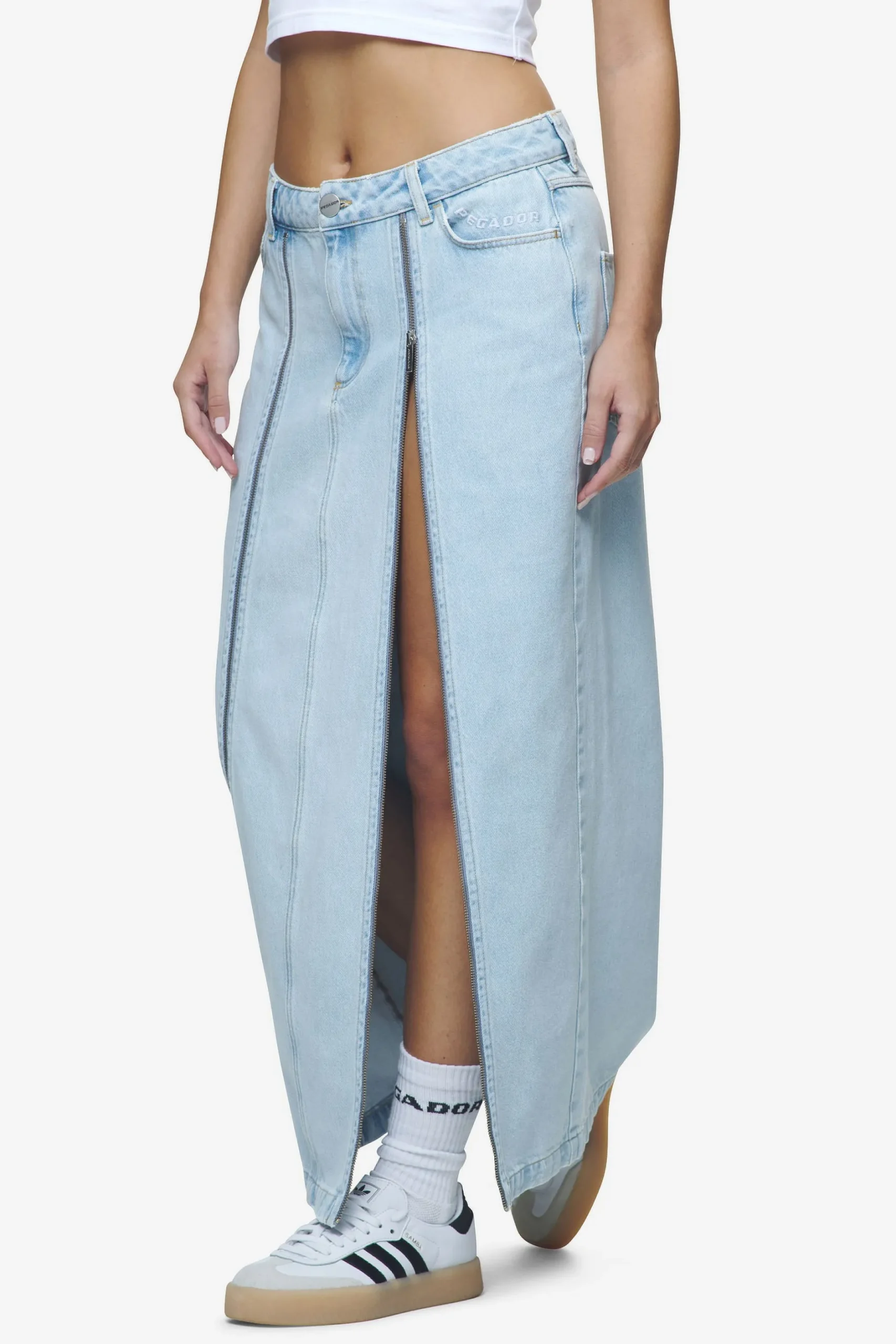 Pegador Jeans|Aya Denim Midi Zip Skirt Washed Light Blue