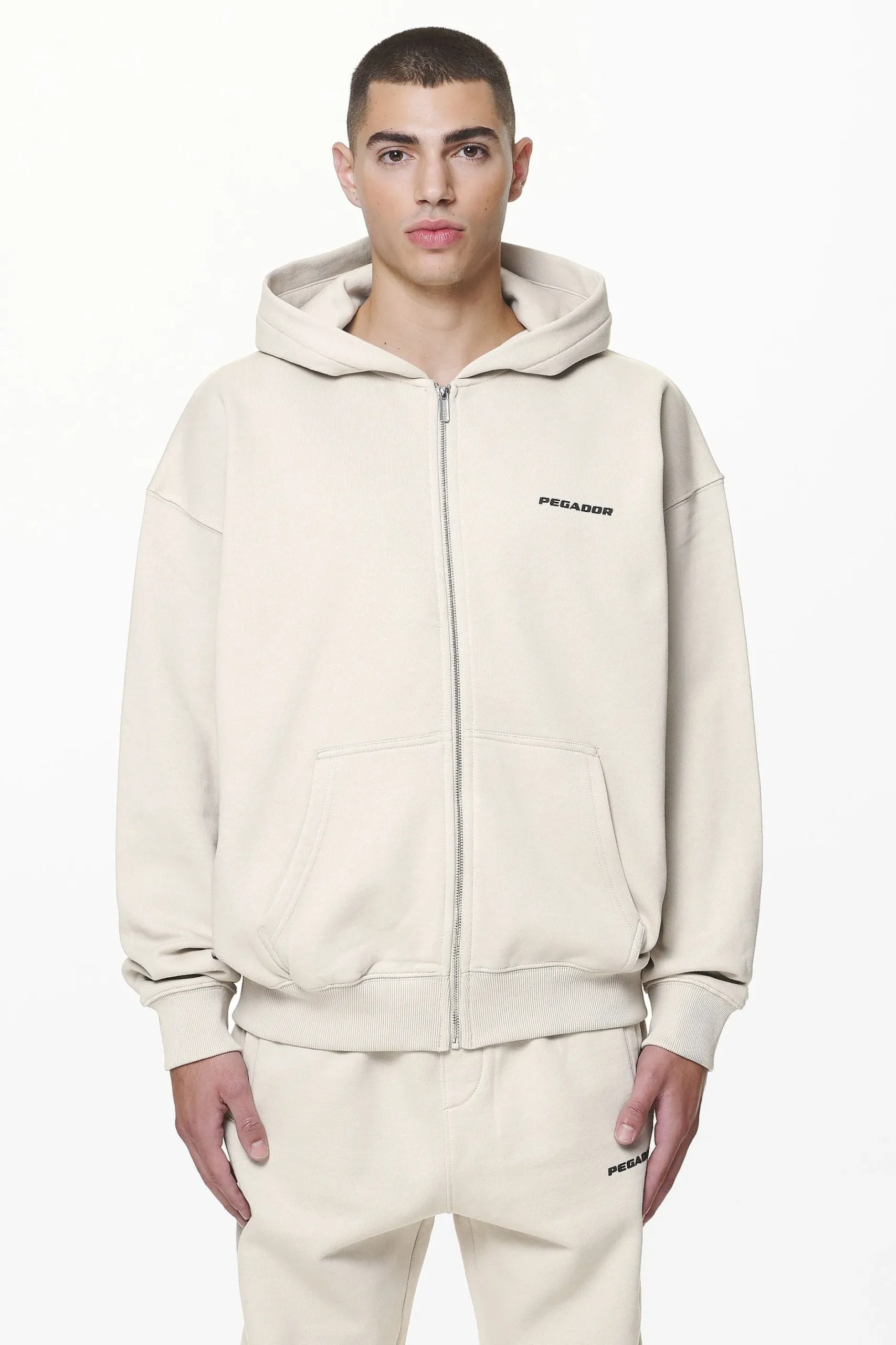 Pegador Hoodies|Zip Hoodies|Colne Logo Oversized Sweat Jacket Washed Dust Cream
