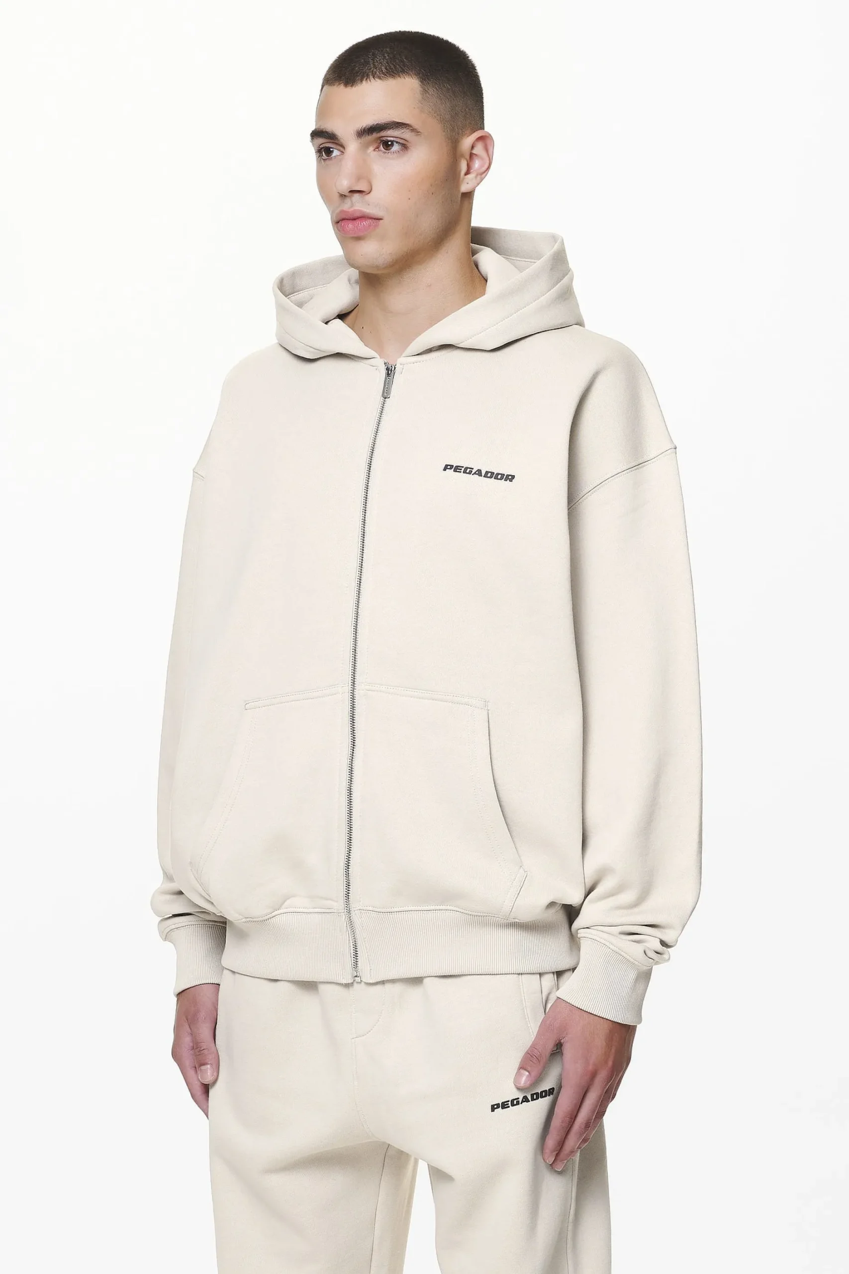 Pegador Hoodies|Zip Hoodies|Colne Logo Oversized Sweat Jacket Washed Dust Cream