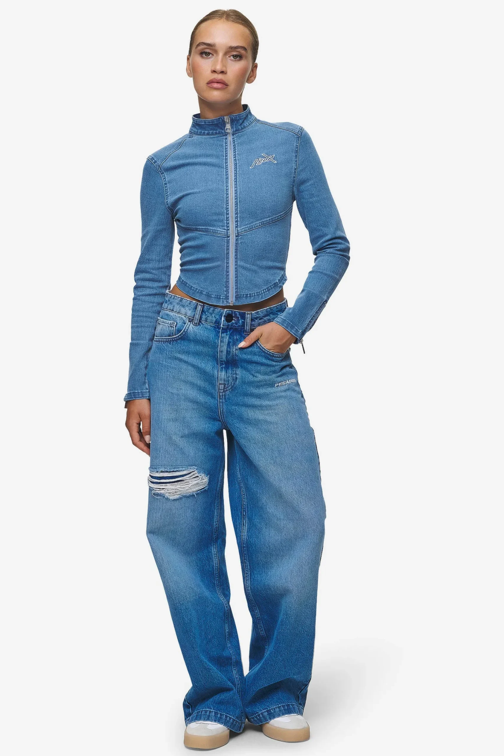 Pegador Tops|Elly Denim Biker Jacket Washed Blue