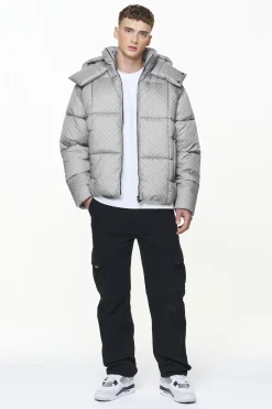 Pegador Jackets|Gallan Cropped Monogram Puffer Jacket Rock Grey