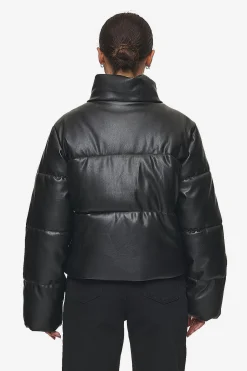 Pegador Jackets|Georgia Faux Leather Puffer Jacket Metal Logo Black
