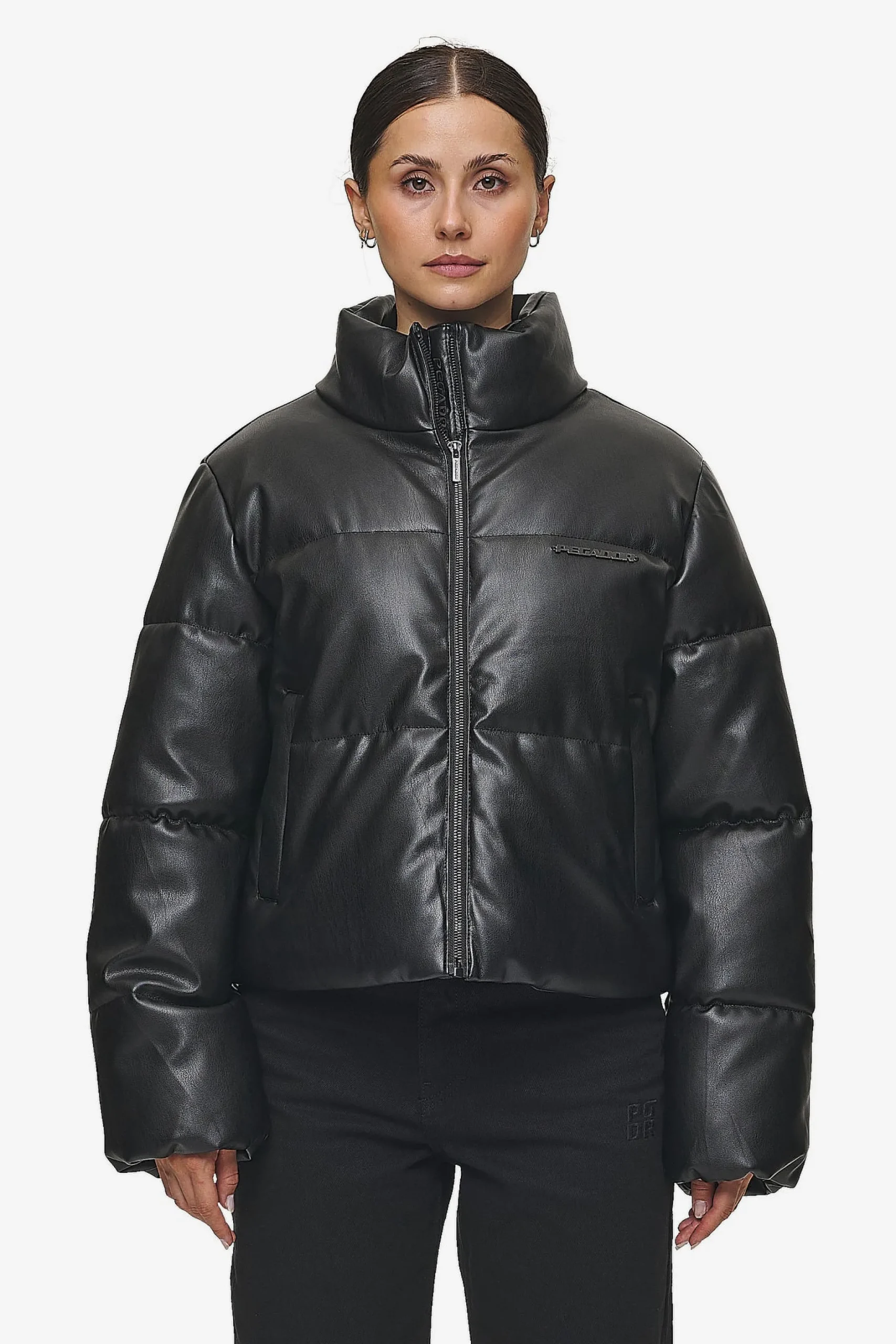 Pegador Jackets|Georgia Faux Leather Puffer Jacket Metal Logo Black