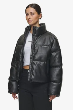 Pegador Jackets|Georgia Faux Leather Puffer Jacket Metal Logo Black