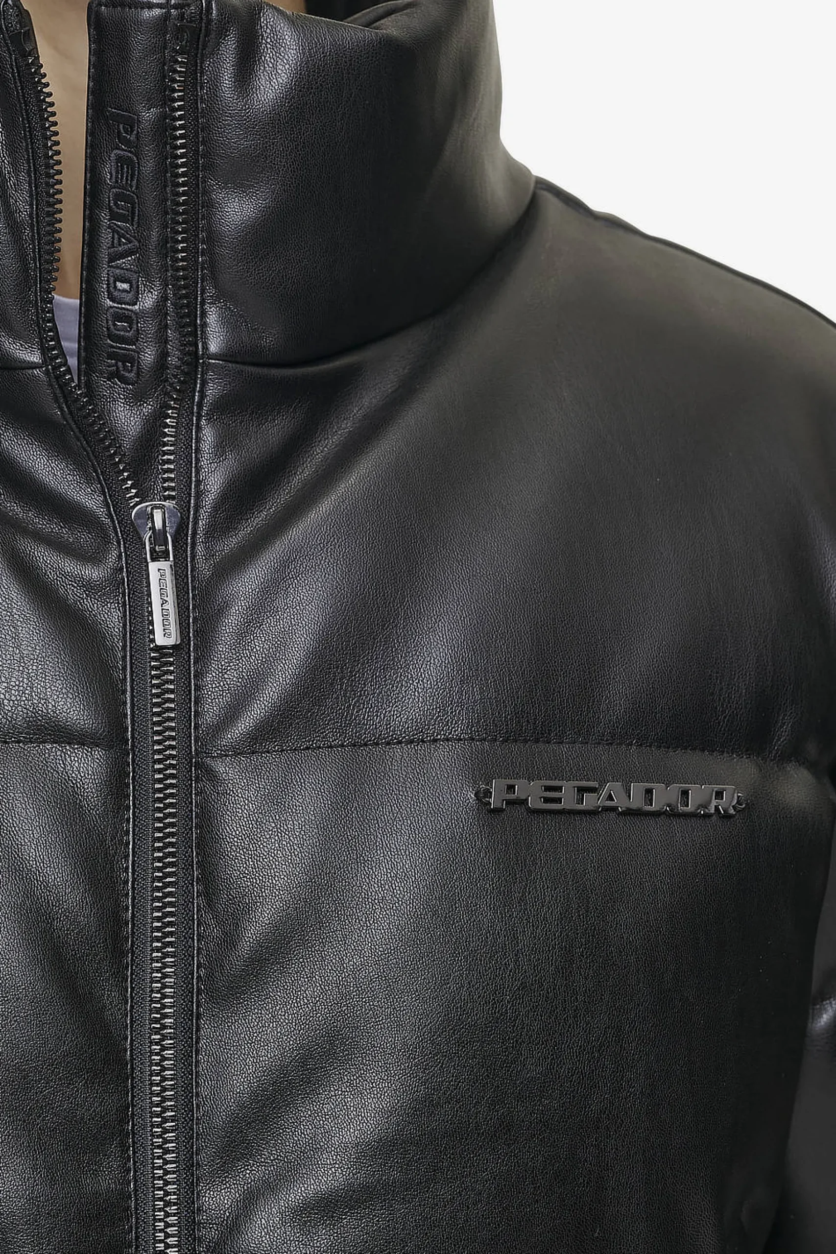 Pegador Jackets|Georgia Faux Leather Puffer Jacket Metal Logo Black