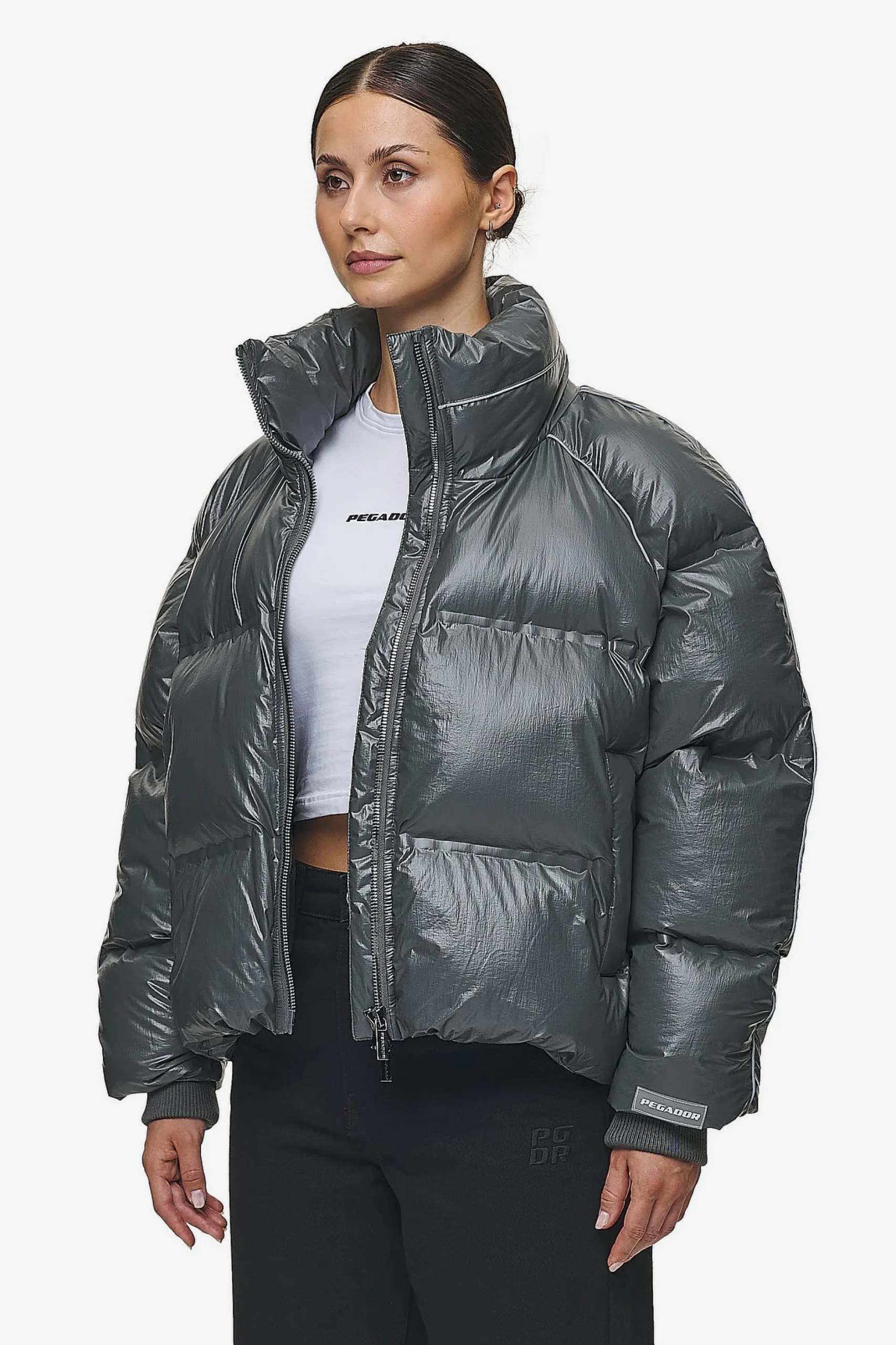Pegador Jackets|Henra Crushed Glossy Oversized Raglan Puffer Jacket Anthracite