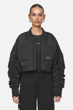 Pegador Jackets|Laura Cropped Ruffed Oversized Jacket Black