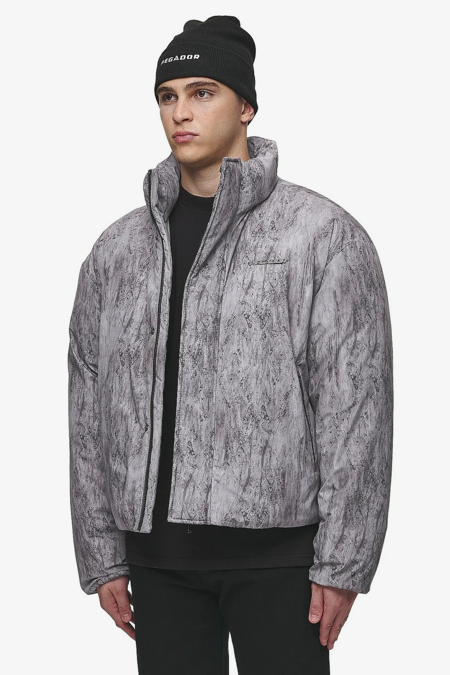 Pegador Jackets|Lavoy Ripstop Crushed Cropped Boxy Puffer Jacket Steel Grey