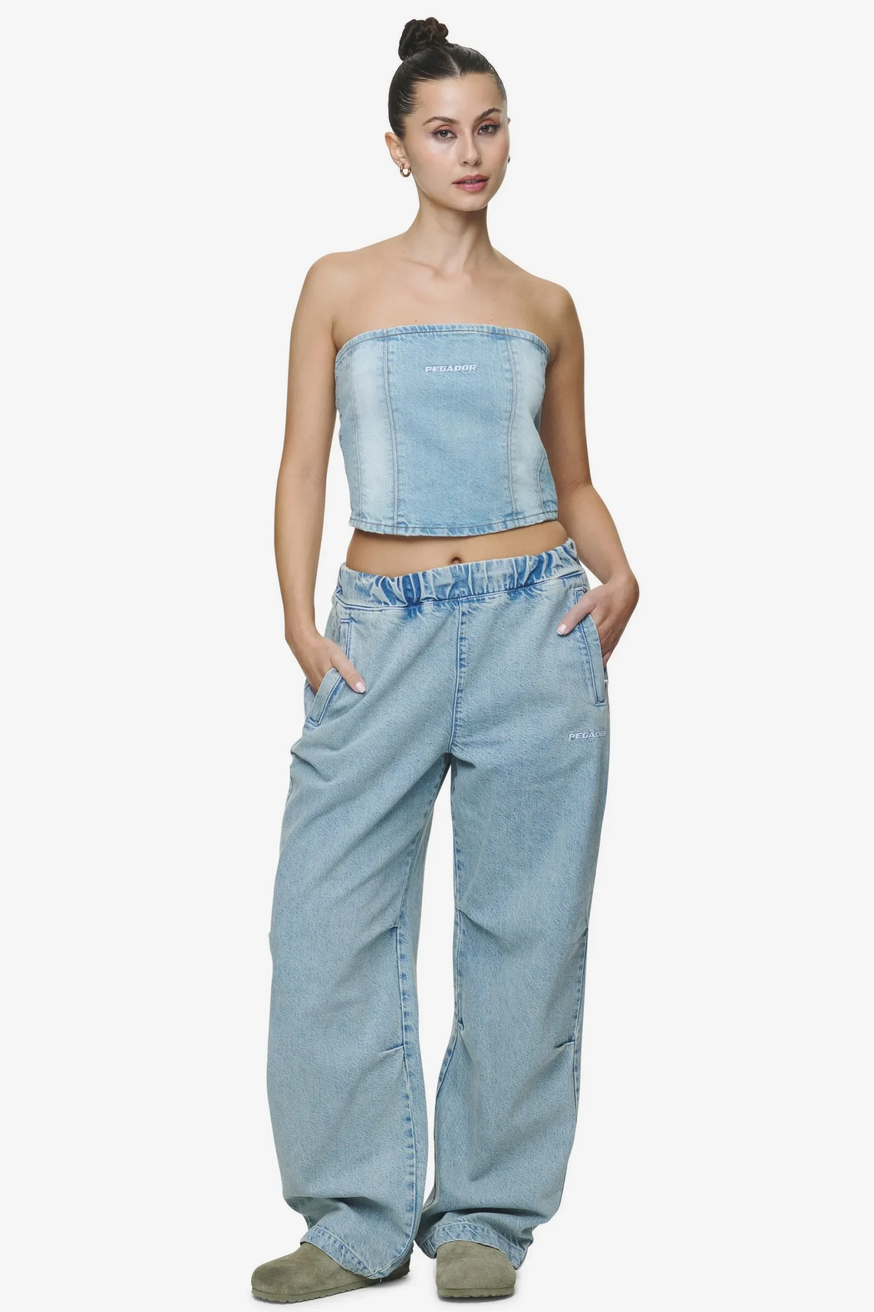 Pegador Tops|Miranda Denim Tube Top Washed Pale Blue Bleached Blue