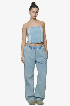 Pegador Tops|Miranda Denim Tube Top Washed Pale Blue Bleached Blue