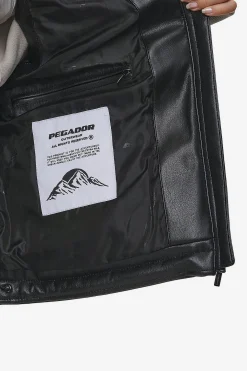 Pegador Vests|Priory Faux Leather Puffer Vest Metal Logo Black