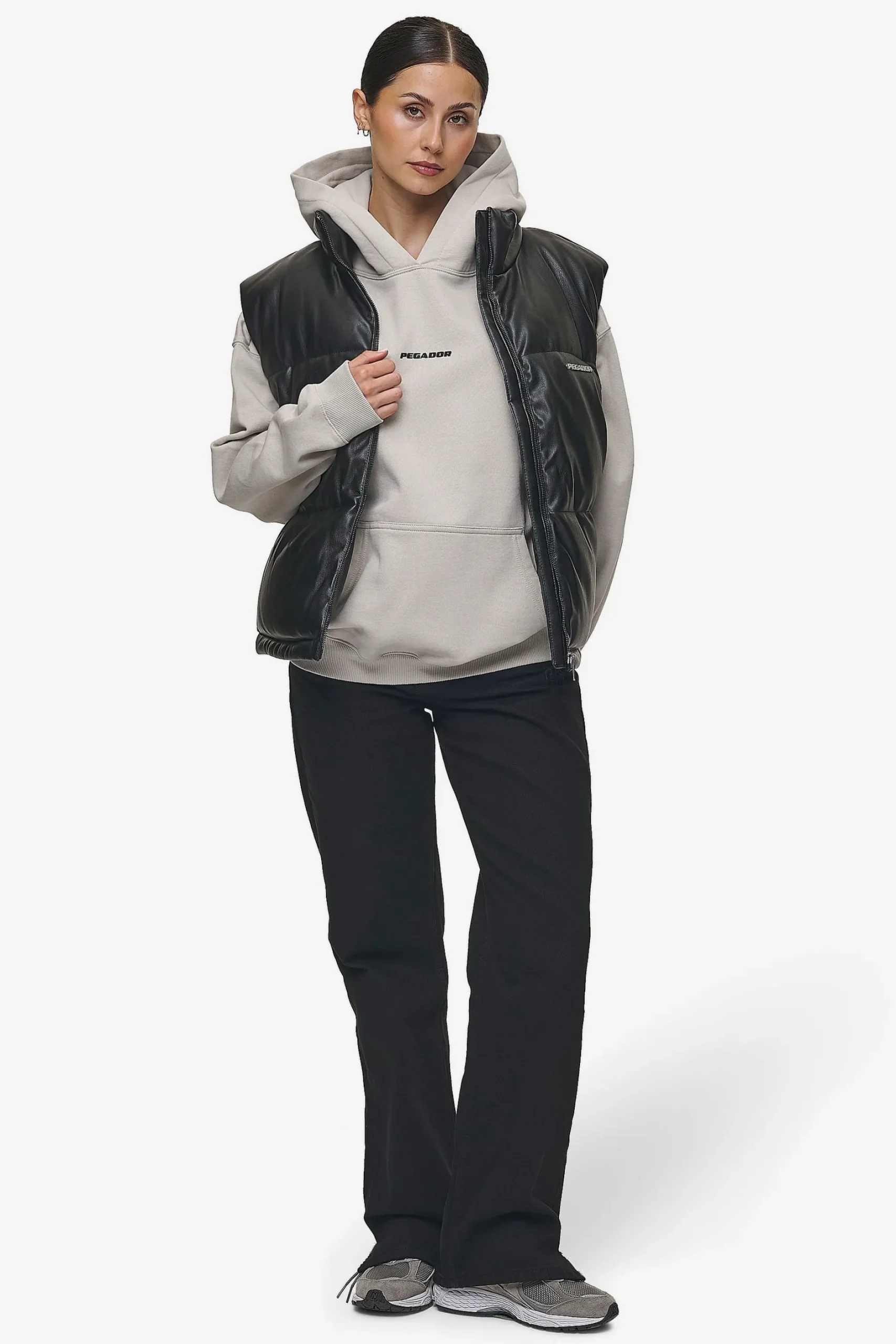 Pegador Vests|Priory Faux Leather Puffer Vest Metal Logo Black