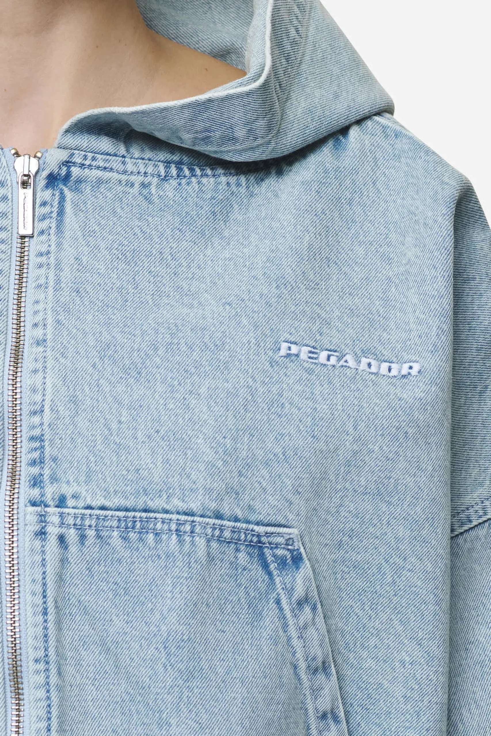 Pegador Zip Hoodies|Jackets|Zona Cropped Denim Zip Jacket Washed Pale Blue