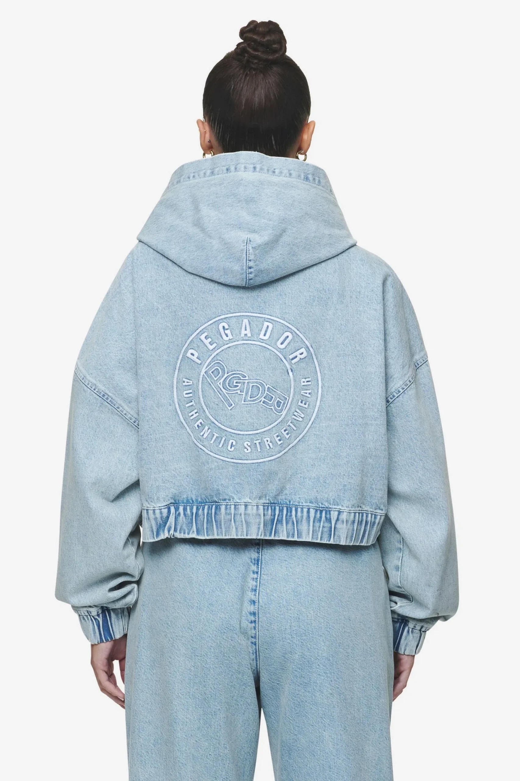 Pegador Zip Hoodies|Jackets|Zona Cropped Denim Zip Jacket Washed Pale Blue