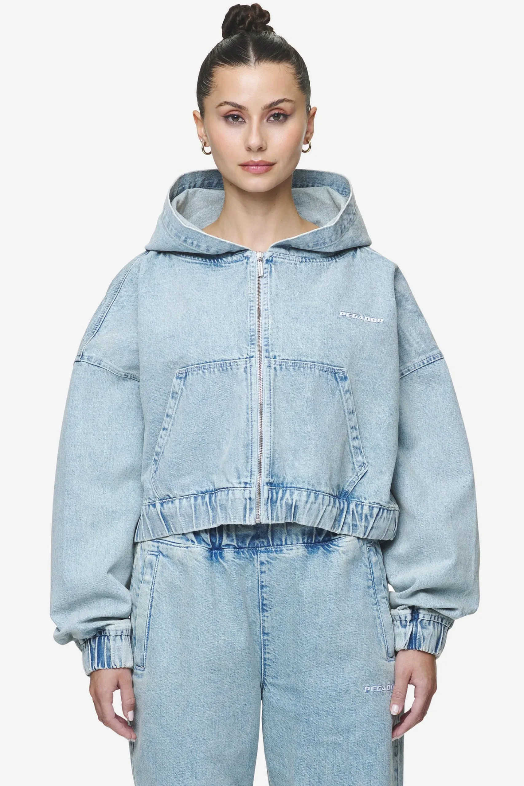 Pegador Zip Hoodies|Jackets|Zona Cropped Denim Zip Jacket Washed Pale Blue